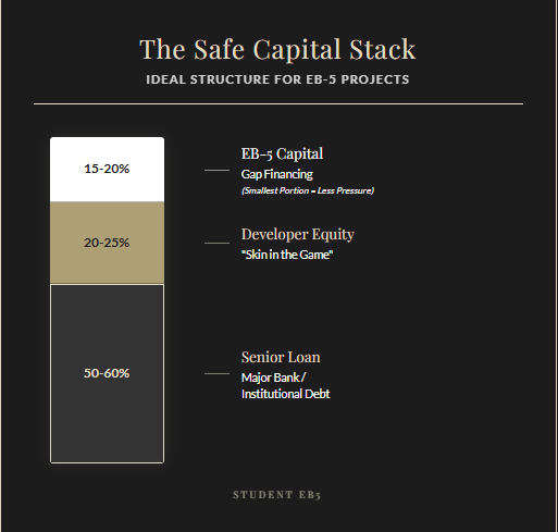 The Safe Capital Stack - Ideal structure for EB-5 projects showing Senior Loan (50-60%), Developer Equity (20-25%), and EB-5 Capital (15-20%)
